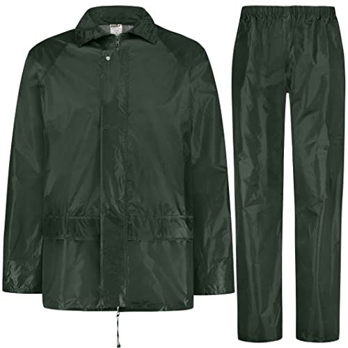 BWOLF HIMALAYA Herren Regenanzug Langarm wasserdicht mit Elastischer Taille Kapuzenjacke Anzug Regenbekleidung Regenjacke + Regenhose 2 Taschen (Dunkelgrün, 3XL)