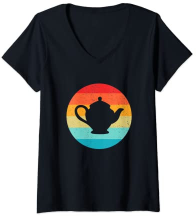 Damen Teekanne Silhouette Retro Vintage Sonnenuntergang 70er 80er Jahre Used-Look T-Shirt mit V-Ausschnitt