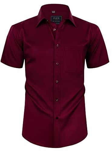 siliteelon Mens Shirts Short Sleeve Stretch Dress Regular Fit Casual Business Summer Shirt with Pocket Burgundy XL