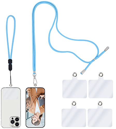 TIESOME Lanière universelle pour téléphone portable, cordon à bandoulière avec sangle de cou réglable en nylon, 1 cordon tour de cou pour téléphone + 1 sangle de poignet + 4 connecteurs(bleu)