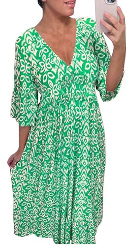 YILEEGOO Women's Summer Bohemian Midi Dress Floral Print Half Sleeve V Neck Elastic Waist Loose Beach Dress (Green, S)