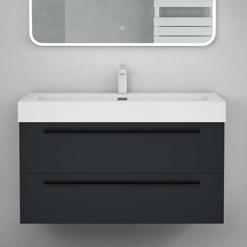 Mai & Mai Meuble de Salle de Bain Anthracite mat 100cm Meuble sous Vasque Quadratto Meuble Suspendu avec Vasque
