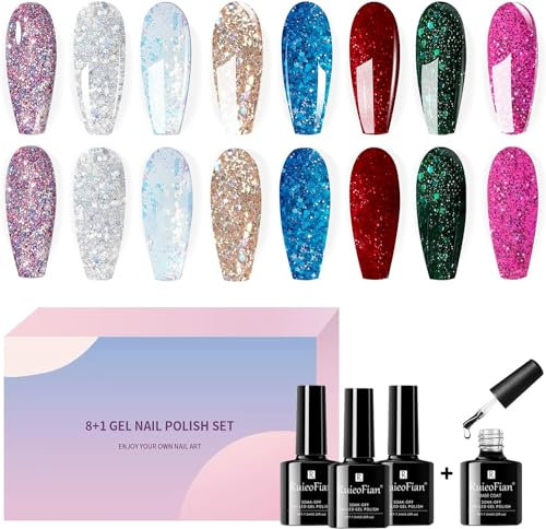 8PCS Gel Nagellack Set Glitzer 8 Farben + 1 Base Coat UV Shellac Schellack Gellack Lack Nail Polish Lacke Nägel Gold Lakiery Hybrydowe do Paznokci Silber Farbgele Schnelltrocknend Flash On Gelfarben