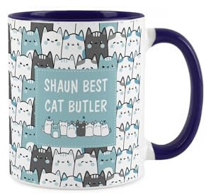 Purely Home Personalised Cat Dad Mug - Novelty Blue Cartoon Cats Butler Custom Tea/Coffee Ceramic Cup Gifts for Him