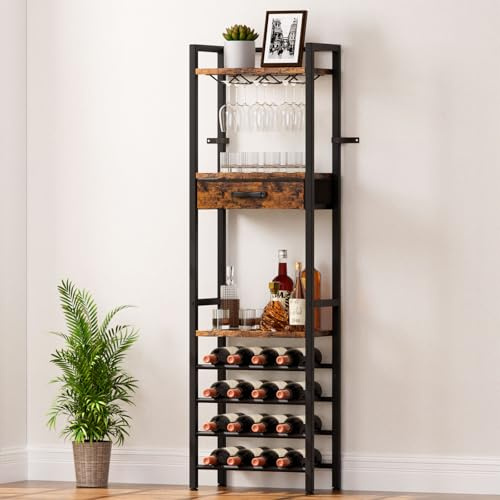Yorbay Weinregal Freistehend für 16 Flaschen: 4 Flaschenreihen | Flaschenregal mit 3 Reihen Glashalter für 9 Gläser und Schublade - Metallregal für Bar Küche Esszimmer - Vintage