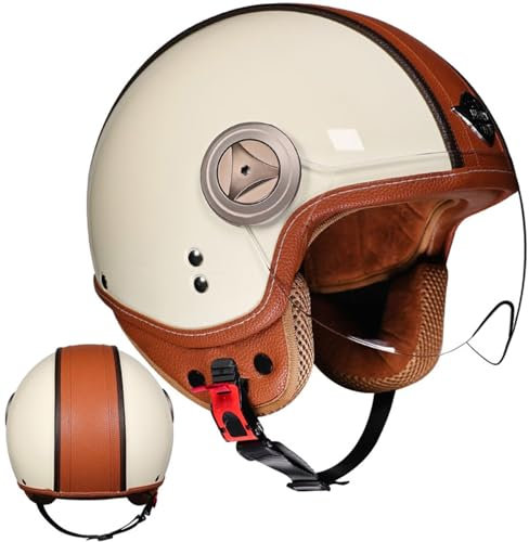 Casco Moto Retrò,Caschi per Scooter Anni '60 - Modello 3/4 in Vera Pelle con Visiera, Certificato DOT/ECE - Stile Retrò Chiuso/Aperto - Unisex Uomo e Donna
