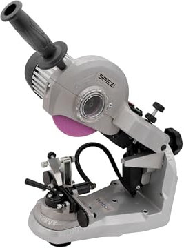 Sägenspezi® - Affilacatena HydroSharp 300 AutoClamp by Sägenspezi® – 300 W Semiautomatico con sistema di serraggio idraulico, LED, 3 dischi abrasivi, affilacoltelli per catena per seghe fai da te e