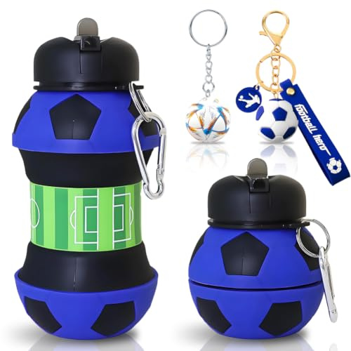 JhavexToy Gourde de sport (basket-ball/baseball/tennis/rugby/volley-ball/golf/billard) 550 ml, gourde pliable en silicone avec porte-clés pour les garçons, les enfants (Football)