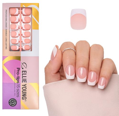 Ellie Young 150pcs French Nail Tip Pre-designed Press On Nails 15 Sizes, Soft Gel Nail Extensions for DIY Nail Art Polish (ONLY NAILS) Pink Brown Nude Short Square)