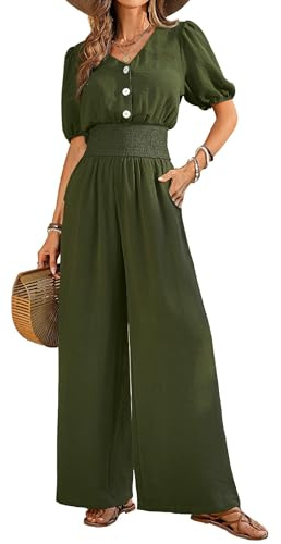 QUNERY Combinaison Femme Ete Jumpsuit Élégant Manches Courtes Col V Casual Playsuit Jambe Large Romper avec Poche