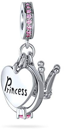 Bling Jewelry Anello Della Corona Del Cuore Della Principessa Bail Di Cristallo Rosa 3 Pendenti Goccia Per Le Donne .925 Argento Adatto Al Braccialetto Europeo