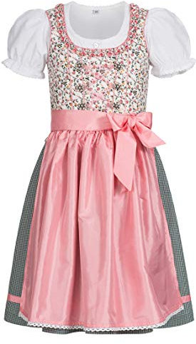 Nübler Dirndl Mädchen NINA - 3-teiliges Set mit Dirndlkleid, Trachtenbluse & Schürze im traditionellen Stil - Original bayerische Tracht, Hochwertige Qualität, Weiß-Rosa, Größe:80