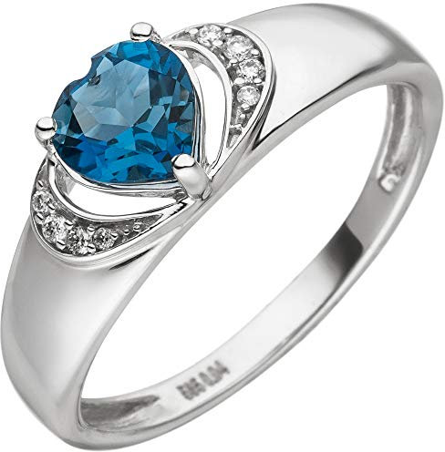 Jobo Damen-Ring aus 14 Karat 585 Weißgold mit Blautopas-Herz und 8 Diamanten Größe 56