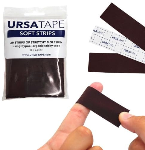 URSA Tape Stretchy Moleskin Fabric Tape | 30 Blister Strips, Heavy-Duty Blister Prevention, No-Residue Bandages for Feet, Body & Fabric | Brown (3.14 x 0.98in)