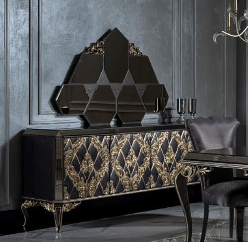 Casa Padrino Luxus Barock Möbel Set Sideboard mit Spiegel Blau/Schwarz/Gold - Edler Massivholz Schrank mit 4 Türen und elegantem Wandspiegel - Möbel im Barockstil