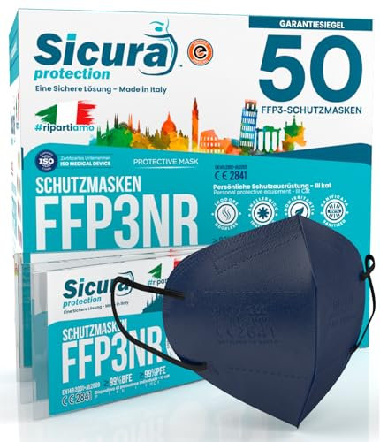 50 Mascherine FFP3 Certificate CE BLU elastici Neri Made in Italy logo SICURA impresso PFE ≥99% | BFE ≥99% Mascherina ffp3 SANIFICATA e sigillata singolarmente