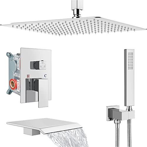 Midanya Polnisches Chrom Badezimmer Regendusche System Deckenhalterung 40,6 cm quadratischer Duschkopf mit Handbrause und Wasserfall Badewanne Auslauf Dusche Wasserhahn 3 Funktionen Combo Set Grob In