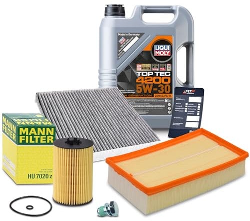 BESTPRICE Inspektionspaket Filterset mit 1x Ölfilter; 1x Luftfilter; 1x Innenraumfilter (Aktivkohle); 1x Ölablassschraube mit Dichtring; 1x Motoröl 5W-30 Top Tec 4200 5 l; 1x Ölwechselanhänger