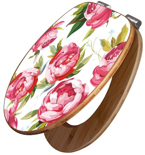 banjado Design WC Sitz Bambus Absenkautomatik 45,8x37,5cm - Toilettendeckel mit Absenkautomatik Holz - hochwertiger Bambus Klodeckel - WC-Sitz für gängigen Toiletten - Motiv Rosen Rustikal