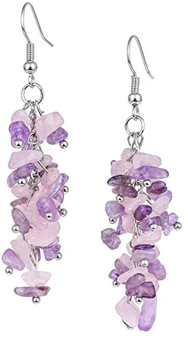 KYEYGWO Amethyst & Rosenquarz Heilung Kristall Ohrringe für Damen, Stein Baumeln Haken Ohrrings Trommelsteine Ohrhänger Quarz Edelstein Ohrschmuck Stilvoll Scmuck für Frauen