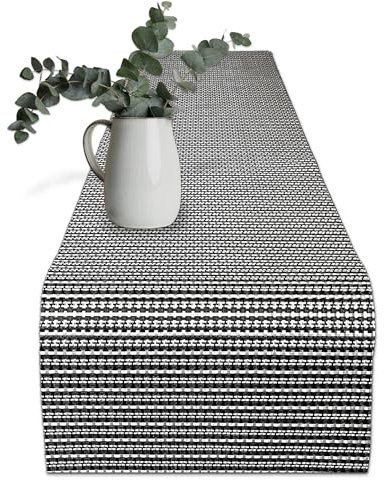 CK Home Tischläufer, Korbgeflecht, kariert, gewebtes schwarz-weißes Vinyl, für drinnen und draußen, waschbar, wendbar, 180,3 x 30,5 cm