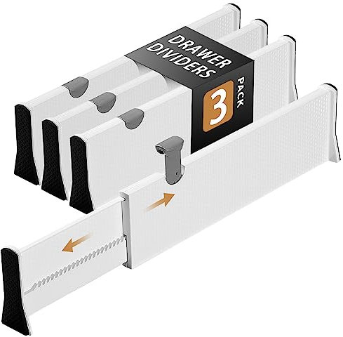 Cinnani Separadores de Cajones Ajustables, Juego de 3 Separador Cajones de Plástico, Extensible de 37,6 cm a 54 cm, Divisorias para Gavetas, Organizador Cajones Separador para Cocina, Baño, Oficina