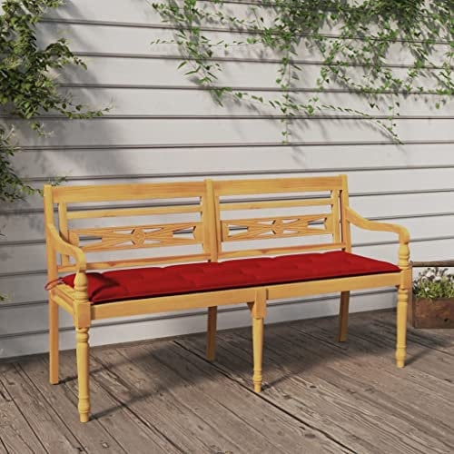 BIGBARLEY Bänke, Bettbänke, Klavierbänke, Esszimmerbänke, Schuhbänke für den Eingangsbereich,Batavia-Bank mit Rotem Kissen 150 cm Massivholz Teak