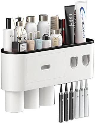 Zahnpastaspender Badezimmer Zahnbürstenhalter Set, Wandhalterung Zahnbürstenhalter mit doppeltem automatischem Zahnpastaspender 3 Tassen und Schublade für Badezimmer