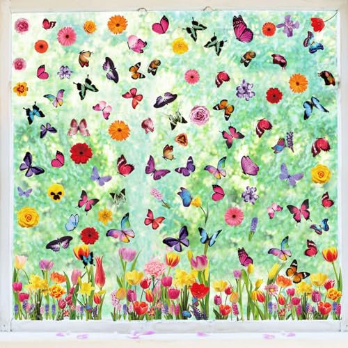 Hianjoo Fensterbilder Frühling Selbstklebend Deko, Aufkleber Fenstersticker, 9 Blätter Fensterbilder mit Blumen Schmetterlinge für Fensterdeko Frühling