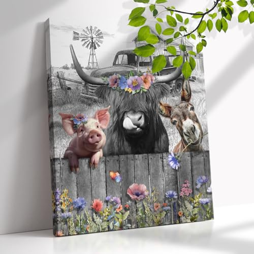 Farmhouse Highland Cow Wandkunst, rustikale Kuh, Esel, Schwein, Blumenbilder, Wanddekoration, Landrinder, Leinwanddruck, Gemälde, gerahmtes Kunstwerk für Badezimmer, Zuhause, Wände, Schlafzimmer,