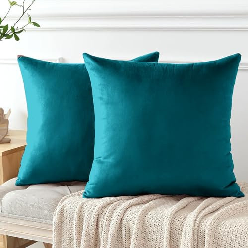 My home store Velvet Cushion Covers 45 x 45 cm- Christmas Decorative Square Throw Pillowcases – Turquoise Cushion Covers Set of 2 for Sofa Bedroom with Invisible Zipper 18 x 18