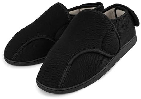 TIESTRA Mens Slippers Memory Foam Slippers Wide Fit Adjustable House Shoes for Diabetic Swollen Feet Black 6UK-39EU