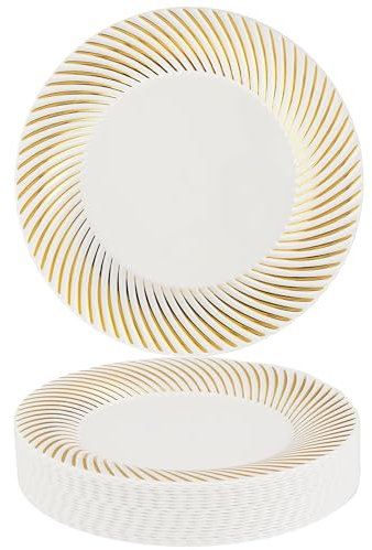 MATANA 40 Premium White Plastic Dessert Plates with Gold Rim, 18cm / 7 Inch - Elegant & Reusable Small Side Plates, Starter Plates for Weddings, Birthdays, Picnic, BBQ, Parties