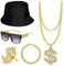 DKDDSSS 5 Stück Hip Hop Kostüm Set, 80er 90er Jahre Outfit Herrenm, Rapper Accessoires für Männer Zuhälter Kostüm Set, Halskette Dollar Ring Goldkette Armband für Herren Verkleidung Set Party