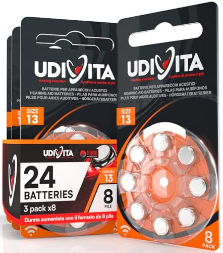 24 Hearing Aid Batteries Size 13 Udivita PR48 (Orange) Zinc-Air Hearing Evolution with Phono Pulse Technology - 3 Blisters of 8 Batteries