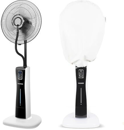 VASNER Cooly Ventilator weiß mit AirCape Schutzhülle – Standventilator Wasser Sprühnebel, 3-Blatt-Rotor, Standlüfter leise, Wassernebel, Oszillation, Timer, Fernbedienung & Abdeckung