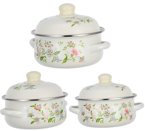 PRETYZOOM 3pezzi Pentola Smaltata Vintage con Coperchio Pentola per Stufato da Bagno per Cucinare in Smalto Casseruola per Cucinare per Piano Cottura