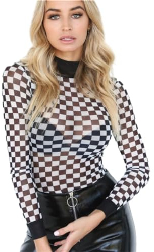 Sexy Plaid Schachbrett T-Shirts Für Frauen Aushöhlen Schlank Top Weibliche Langarm T-Shirts,Schwarz Weiß,S