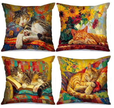 Tucocoo Kissenbezug mit niedlicher Katze, schlafende Vase, Tier, Katze, schöne Sonnenblumen, 4er-Set, Cartoon-Kissenbezug, Couch, Sofa, Büro, Dekoration, Geschenk (45,7 x 45,7 cm)