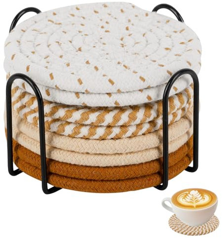 Untersetzer Gläser,8PCS Handgemachte Untersetzer Gläser mit Halter,Baumwolle Untersetzer Runde,11cm Abwaschbar Tassenuntersetzer Glas Untersetzer Set für Getränke Tassen Glas Coasters