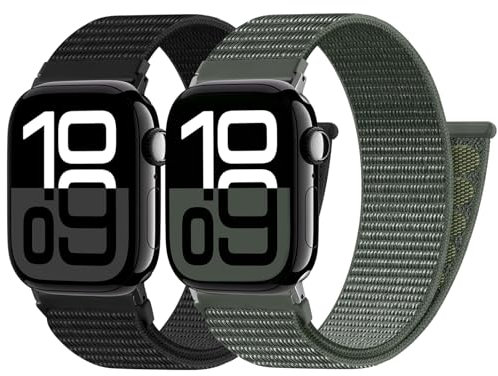 PIOWNN 2 Nylon Cinturini Compatibile con Cinturino Apple Watch 44 mm 45 mm 42 mm 46 mm 49 mm, Sport Loop Bracciale in Tessuto Uomo Donna per iWatch Series 10 9 8 7 6 5 4 3 SE Ultra, Nero/Grigio Verde