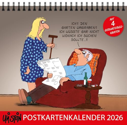 Uli Stein Kalender 2026 - Postkartenkalender - 170x160mm - Jahreskalender mit Motiv Seiten & Spiralbindung +5 Postkarten Geschenk - Uli Cartoons Tischkalender - Monatskalender mit lustigen Sprüchen