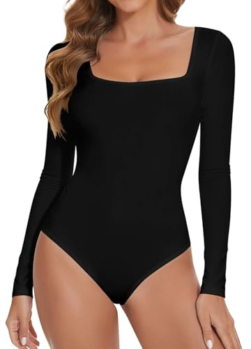 Joyshaper Women Bodysuit Square Neck Long Sleeve Body Suit Ladies Leotard Tops Jumpsuit Black,M
