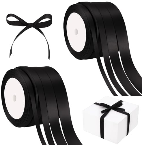 8 Stück Satinband Schwarz, 176m Schwarzes Geschenkband,6/10/15/20 mm Schleifenband,Geschenk Band Hochzeit Stoff,Stoffband für Hochzeit, Geschenkverpackung,Geburtstag Geschenke,Valentinstag