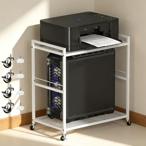 UOMIO 2-Tier Printer Stand with Storage Shelf and Wheels, Multi-Purpose Desktop Organize, Iron Printer Table Heavy Duty, Movable Computer Tower Cart for Office Home (White)