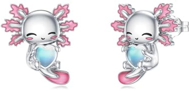 Flpruy Axolotl-Ohrstecker aus 925er Sterlingsilber mit niedlichem rosa Axolotl-Mondstein – Schmuckgeschenk für Frauen, Mütter und Mädchen