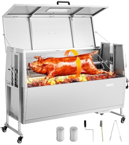 VEVOR Barbecue à Charbon avec Tournebroche Électrique 38 W, Rôtissoire à Charbon de Bois Capacité de Charge 60 kg, avec Roues et 4 Niveaux de Hauteur, Broche en Inox, pour Agneau Porcelet, Camping