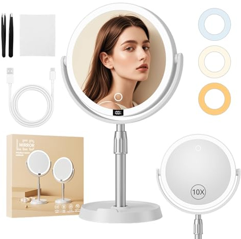 JOTOL Espejo Maquillaje con Luz,Espejo de Aumento de 10X/1X,Maquillaje Mano Doble Cara con Aumento,360 Giratorio 3 Colores Brillo Regulable,Adecuado para Dormitorios y Viajes