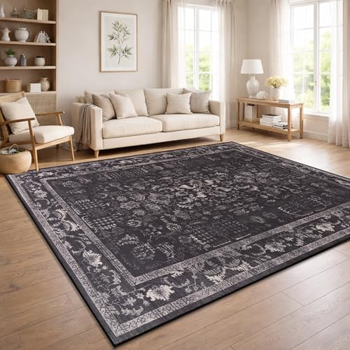 Paco Home Vintage Wohnzimmerteppich Kurzflor Boho Stil Waschbar & rutschfest pflegeleicht modernes Retro Design, Farbe:Anthrazit, Größe:240x340 cm