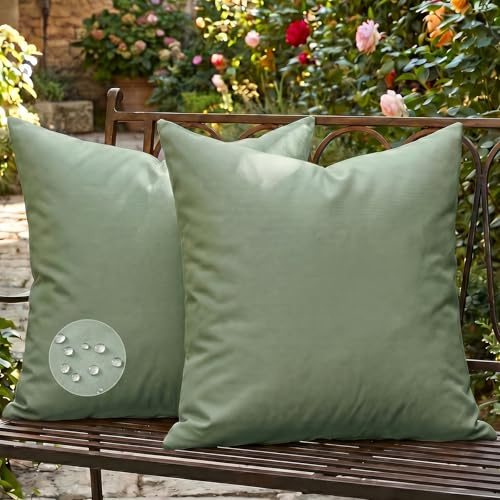 Outdoor Kissen 45x45 cm Wasserfest Salbeigrün 2er Set, Wasserabweisende Modern Dekokissen Kissenhülle Gartenkissen für Garten Lounge Balkon Sofa Couch WohnzimmerStrapazierfähig und Atmungsaktiv